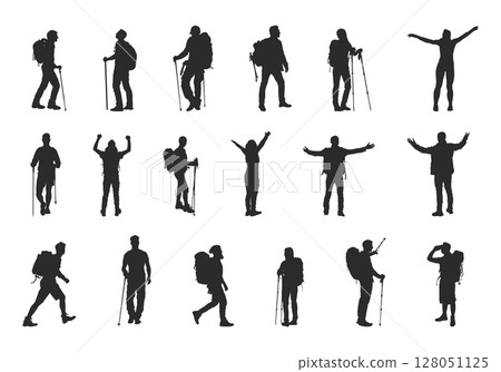 Hiker in mountain silhouettes, Hiking silhouette, Backpacker silhouettes, Hiker in mountain svg, Adventure silhouette, Mountaineer climber hiker vector illustration 128051125