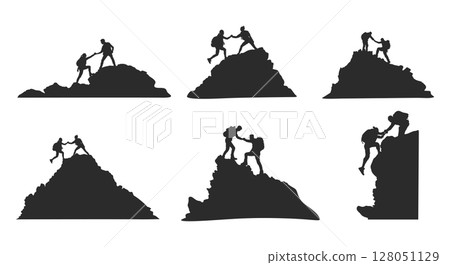 Helping friend reach the mountain top silhouette, Silhouette team helping, Teamwork, together, success, victory, goal, achievement, Helping friend silhouette. Helping friend reach the mountain top silhouette, Silhouette team helping, Teamwork, together, success, victory, goal, achievement, Helping friend silhouette. 128051129
