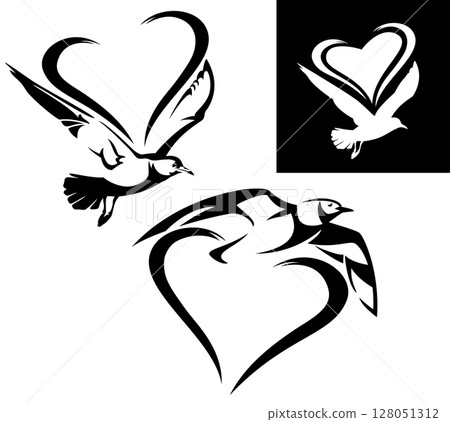 flying seagull bird and heart shape black and white vector design flying seagull bird and heart shape black and white vector design 128051312