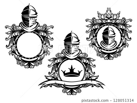 fairy tale vector monochrome emblem with hero knight helmet and royal crown 128051314