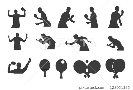 Table tennis silhouettes, Table tennis player silhouettes, Table tennis svg, Table tennis equipment silhouette, Table tennis player vector. 128051325