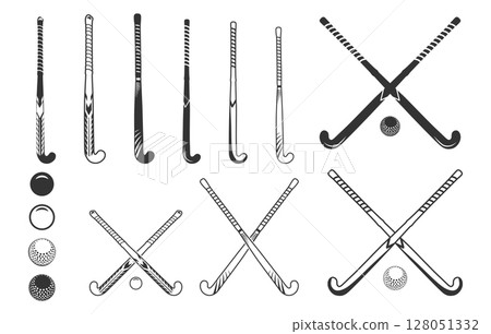 Field hockey stick silhouettes, Field hockey sticks and ball silhouettes, Crossed field hockey sticks vector, Field hockey silhouettes, Field hockey vector illustration. Field hockey stick silhouettes, Field hockey sticks and ball silhouettes, Crossed field hockey sticks vector, Field hockey silhouettes, Field hockey vector illustration. 128051332