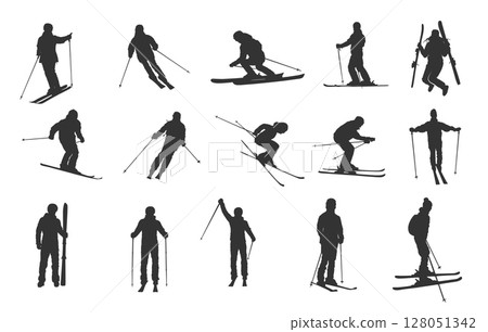 Skiing silhouette, Skier silhouette, Ski silhouette, Skier vector set, Skiing svg, Snowboarding silhouette, Winter sport silhouette. 128051342