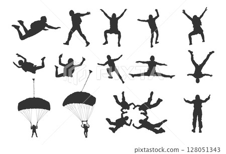 Skydiving silhouettes, Skydiving svg, Falling skydiver silhouette, Skydiver silhouette, Parachute skydiving silhouette, Skydiving clipart 128051343