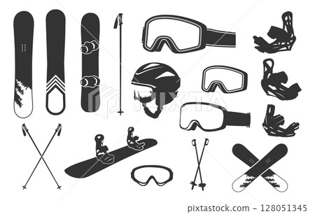Snowboarding elements silhouette, Snowboarding elements, Snowboard silhouette, Snowboarding equipment vector set, Snowboard equipment svg, Snowboarding vector set 128051345