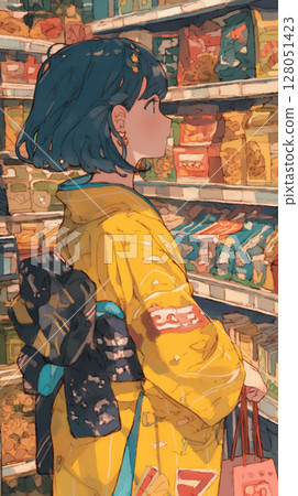 圖：一位女士站在現代超市的走道上，選擇商品、店內照明、休閒服裝，以及生活方式背景 128051423