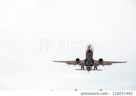 A passenger plane lands at the airport 128051492