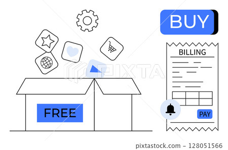 Open box labeled FREE with icons of star, heart, and shopping cart, and a gear hovering above. Billing receipt labeled BUY and PAY. Ideal for e-commerce, subscriptions, pricing models, service tiers 128051566