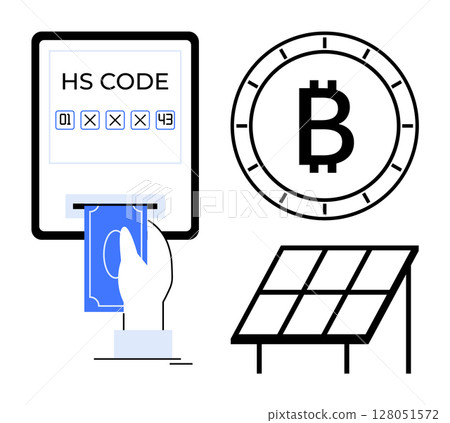 Digital payment machine, HS Code entry, hand inserting money, Bitcoin symbol, solar panel. Ideal for finance, cryptocurrency, digital transactions, renewable energy, sustainability, e-commerce 128051572