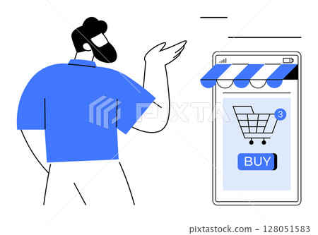 A person pointing towards a phone screen displaying an online shopping app with a cart icon and a buy button. Ideal for e-commerce, mobile apps, online shopping, digital marketing, user interaction A person pointing towards a phone screen displaying an online shopping app with a cart icon and a buy button. Ideal for e-commerce, mobile apps, online shopping, digital marketing, user interaction 128051583