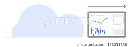 Cloud shape with arrow pointing to data charts on screen, indicating data transfer. Ideal for cloud computing, data analysis, digital transformation, business analytics, tech innovation, online 128051586