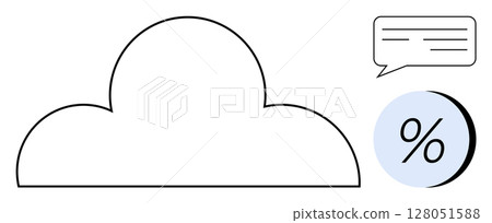 Cloud shape accompanied by a speech bubble and a percentage symbol in a circle. Ideal for data storage, cloud computing, communication, analytics, technology, internet services, education. Line Cloud shape accompanied by a speech bubble and a percentage symbol in a circle. Ideal for data storage, cloud computing, communication, analytics, technology, internet services, education. Line 128051588