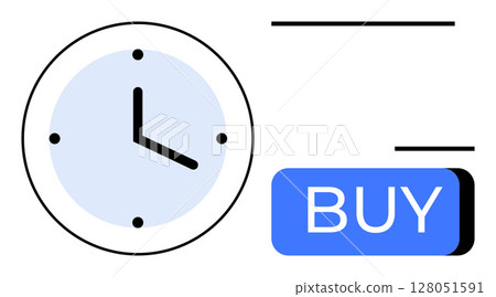 Clock showing time and prominent BUY button together in minimalistic graphic. Ideal for ecommerce, sales urgency, time management, consumer behavior, online shopping, marketing strategies 128051591