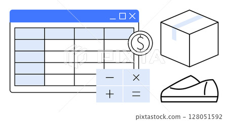 Spreadsheet window, calculator with math symbols, sealed shipping box, and credit card. Ideal for finance, shipping, logistics, e-commerce, budgeting, inventory management, business. Line metaphor Spreadsheet window, calculator with math symbols, sealed shipping box, and credit card. Ideal for finance, shipping, logistics, e-commerce, budgeting, inventory management, business. Line metaphor 128051592