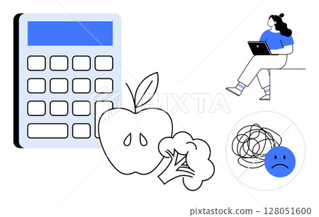 Calculator and healthy food symbolize diet planning, person on laptop signifies work, mental health icons. Ideal for wellness content, health planning, diet tips, mental health awareness, work-life 128051600