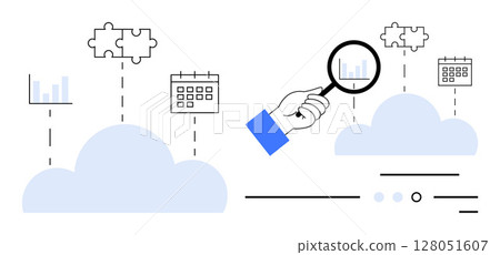 Hand holding magnifying glass examines data above cloud graphic. Connected puzzle, calendar, and bar chart icons represent data integration, analysis, and organization. Ideal for technology, IT, data 128051607