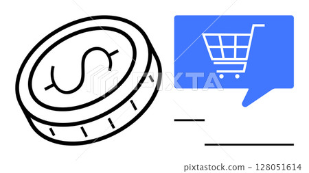 Dollar coin next to blue speech bubble with shopping cart. Horizontal lines beneath the bubble. Ideal for e-commerce, online shopping, retail, financial transactions, digital marketing, customer Dollar coin next to blue speech bubble with shopping cart. Horizontal lines beneath the bubble. Ideal for e-commerce, online shopping, retail, financial transactions, digital marketing, customer 128051614