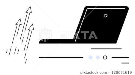 Laptop silhouette with three upward arrows representing progress, innovation, and growth. Ideal for business development, digital transformation, productivity tools, remote work, tech startups, data Laptop silhouette with three upward arrows representing progress, innovation, and growth. Ideal for business development, digital transformation, productivity tools, remote work, tech startups, data 128051619