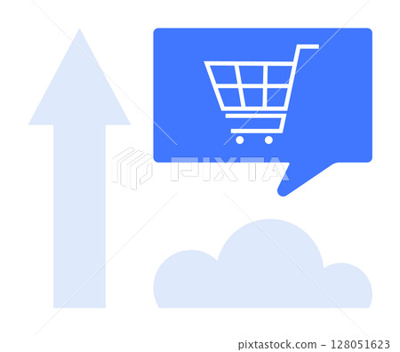 Arrow pointing upwards next to a blue speech bubble with a shopping cart above a cloud. Ideal for ecommerce, online shopping, business growth, technology, cloud computing, sales increase, market 128051623