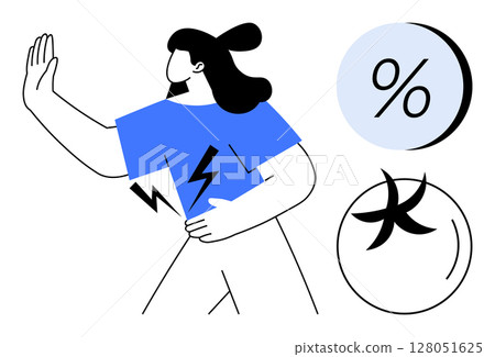 Woman extending hand with electrical jolt symbol on shirt, large percentage and Pisces symbols in circles. Ideal for financial advice, horoscope, decision-making, warnings, cautionary tales, energy 128051625