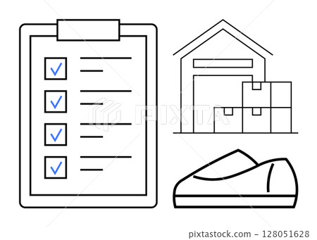 Clipboard with checklist, warehouse building and boxes, and barcode scanner. Ideal for logistics, inventory management, supply chain, shipping, stocktaking, order fulfillment, warehousing. Line Clipboard with checklist, warehouse building and boxes, and barcode scanner. Ideal for logistics, inventory management, supply chain, shipping, stocktaking, order fulfillment, warehousing. Line 128051628