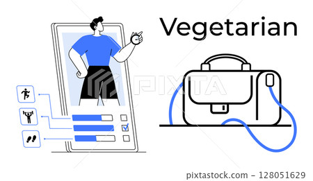 Man in fitness app interface gesturing OK. Fitness icons connected to app. Vegetarian text above briefcase. Ideal for health, fitness, diet apps, eco-conscious products, lifestyle, technology, UI UX 128051629