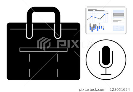 Black briefcase symbol, microphone icon, and a chart with bar graphs and line graphs. Ideal for business communication, presentations, professional environment, corporate training, marketing Black briefcase symbol, microphone icon, and a chart with bar graphs and line graphs. Ideal for business communication, presentations, professional environment, corporate training, marketing 128051634