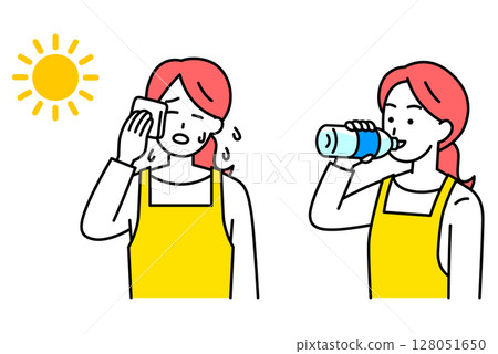 一群穿著圍裙的婦女採取防中暑措施 128051650