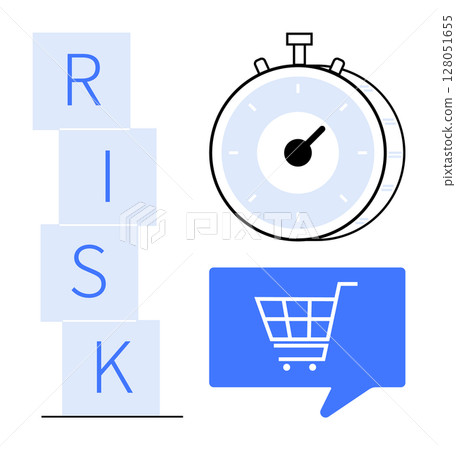 Stacked blocks spelling RISK, stopwatch, and shopping cart icon in a speech bubble illustrating e-commerce hazards, urgency, and strategy. Ideal for business analysis, ecommerce, time management Stacked blocks spelling RISK, stopwatch, and shopping cart icon in a speech bubble illustrating e-commerce hazards, urgency, and strategy. Ideal for business analysis, ecommerce, time management 128051655