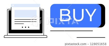 Stylized laptop displaying a website next to a large blue BUY button. Ideal for e-commerce, online retail, digital marketing, web development, shopping applications, advertising, and user interface 128051658