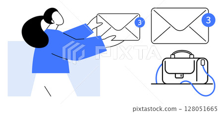 Person receiving emails with notification badges indicating new messages. Envelopes and a briefcase nearby. Ideal for business communication, email management, work correspondence, notifications 128051665