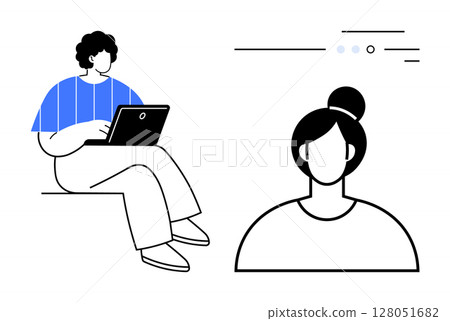 Young person working on a laptop and woman with bun hairstyle in conversation. Ideal for remote work, online meetings, education, tech, communication, office settings, social media. Line metaphor 128051682