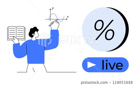 Man holding book and writing a mathematical graph, with a percentage symbol above and a blue live button below. Ideal for education, e-learning, math classes, live tutorials, online teaching Man holding book and writing a mathematical graph, with a percentage symbol above and a blue live button below. Ideal for education, e-learning, math classes, live tutorials, online teaching 128051688