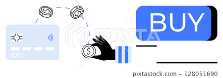 Hand holding coins, credit card, and BUY button for digital transactions. Ideal for e-commerce, online shopping, payment systems, financial technology, digital wallets, secure transactions, cashless 128051690