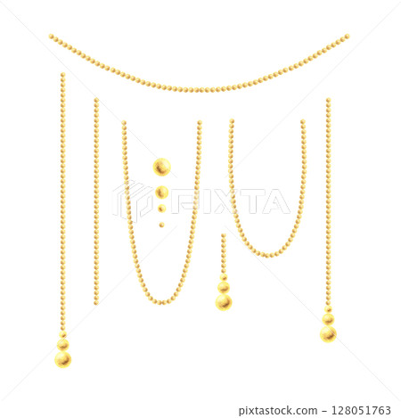 Elegant golden hanging chains, beads, and strings. Hand-painted watercolor illustration elements perfect for luxury holiday designs, branding, and decor. New Year, Christmas Illustration Elegant golden hanging chains, beads, and strings. Hand-painted watercolor illustration elements perfect for luxury holiday designs, branding, and decor. New Year, Christmas Illustration 128051763