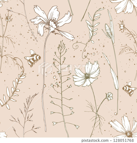 Soft minimalist seamless floral pattern in line art style. Featuring wildflowers, herbs, and bees on nude beige background. Ideal for eco-friendly projects, wrapping paper, and textile prints. Soft minimalist seamless floral pattern in line art style. Featuring wildflowers, herbs, and bees on nude beige background. Ideal for eco-friendly projects, wrapping paper, and textile prints. 128051768