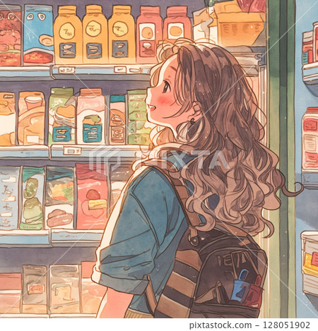 A woman shopping in the light of the store, supermarket, shopping, soft illustration 128051902