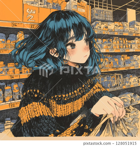 A woman shopping in the light of the store, supermarket, shopping, soft illustration 128051915