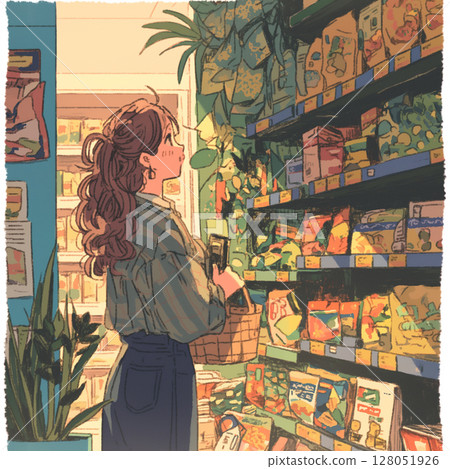 女人提著購物袋，沒有購物車復古色彩超市背景貨架和產品包裝購物 128051926