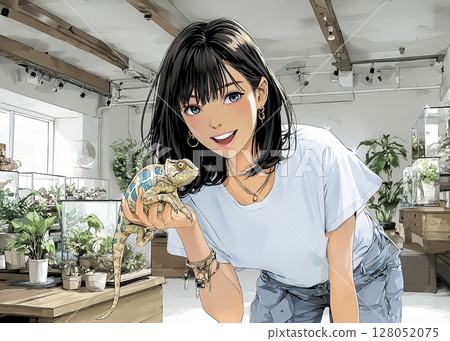 Reptile Cafe - Illustration of a smiling woman holding a chameleon Reptile Cafe - Illustration of a smiling woman holding a chameleon 128052075