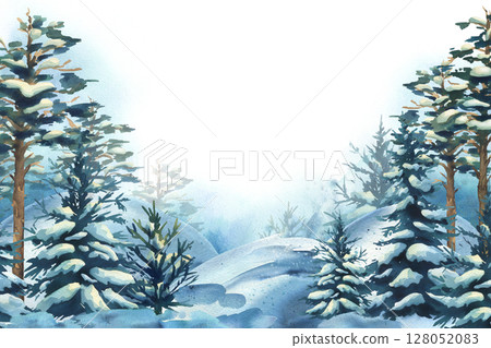 Symmetrical winter landscape with tall fir trees and snow-covered hills. Spacious center for inserting custom text. Great for holiday promotions and seasonal content. Watercolor illustration Symmetrical winter landscape with tall fir trees and snow-covered hills. Spacious center for inserting custom text. Great for holiday promotions and seasonal content. Watercolor illustration 128052083