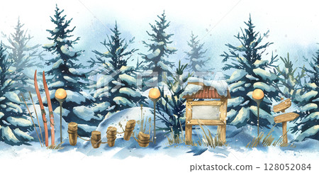 Seamless watercolor winter forest border with snowy trees, skis, lanterns, and cabin elements. Perfect for packaging, borders, and winter-themed designs. Watercolor illustration Seamless watercolor winter forest border with snowy trees, skis, lanterns, and cabin elements. Perfect for packaging, borders, and winter-themed designs. Watercolor illustration 128052084