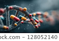 Precision medicine concept. DNA strand intertwined with colorful capsules, symbolizing biotechnology and pharmaceutical innovation 128052140