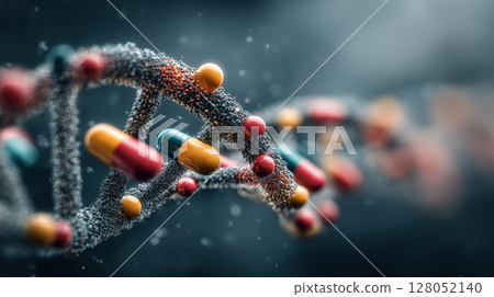 Precision medicine concept. DNA strand intertwined with colorful capsules, symbolizing biotechnology and pharmaceutical innovation Precision medicine concept. DNA strand intertwined with colorful capsules, symbolizing biotechnology and pharmaceutical innovation 128052140