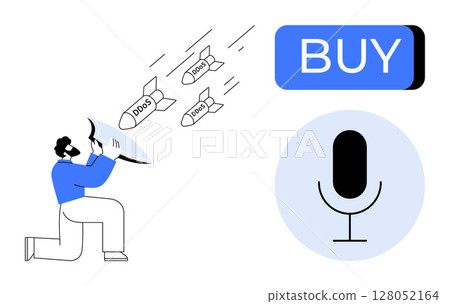 Man kneeling with megaphone launching DDoS missiles towards microphone and BUY button. Ideal for cyber attacks, online security, social engineering, hacking threats, e-commerce security, digital 128052164