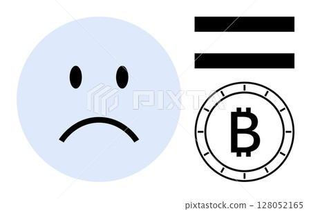 Blue sad face next to a double-striped equals sign and a Bitcoin icon, illustrating financial loss or downturn. Ideal for finance, cryptocurrency, investment, emotions, economic health, digital 128052165