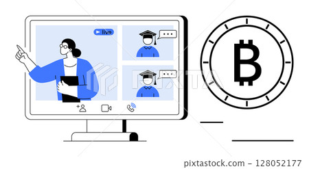 Female instructor pointing at screen, two students in graduation caps during online class, Bitcoin symbol on side. Ideal for e-learning, cryptocurrency, financial education, webinars, remote Female instructor pointing at screen, two students in graduation caps during online class, Bitcoin symbol on side. Ideal for e-learning, cryptocurrency, financial education, webinars, remote 128052177