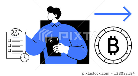 Person holding a tablet and checklist with a clock, an arrow pointing towards Bitcoin symbol. Ideal for digital finance, cryptocurrency, investment, blockchain technology, financial planning, online Person holding a tablet and checklist with a clock, an arrow pointing towards Bitcoin symbol. Ideal for digital finance, cryptocurrency, investment, blockchain technology, financial planning, online 128052184