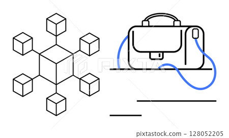 Network of cubes connected to a central node next to a briefcase with a blue strap. Ideal for business development, technology, networking, information systems, data management, professional gear Network of cubes connected to a central node next to a briefcase with a blue strap. Ideal for business development, technology, networking, information systems, data management, professional gear 128052205
