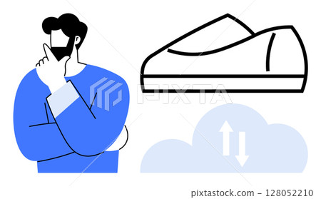 Man with a beard in deep thought, wearing a blue shirt next to a line-art shoe and cloud illustration with arrows. Ideal for brainstorming, innovation, fashion design, creativity, shoe industry 128052210
